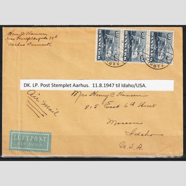 FRIMRKER DANMARK | 1947 - AFA 304 - Danske jernbaner 100 r - 40 re bl x 3 p brev til USA