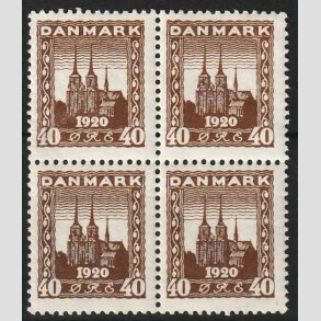 FRIMRKER DANMARK | 1920-21 - AFA 114 - Genforening 40 re brun i 4-blok - Med 3 stk. postfriske