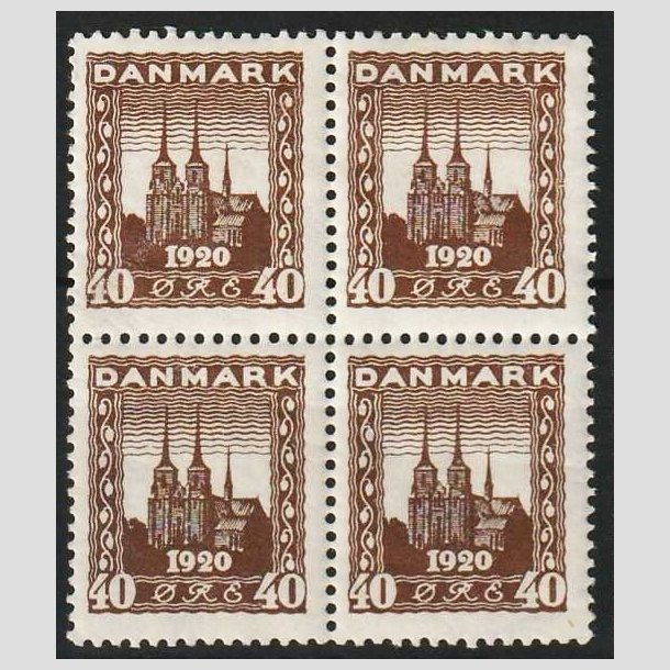 FRIMRKER DANMARK | 1920-21 - AFA 114 - Genforening 40 re brun i 4-blok - Med 3 stk. postfriske