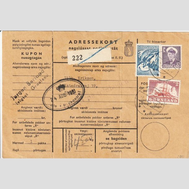FRIMRKER GRNLAND | 1950 - AFA 35,31a,39a - Gustav Holm mv. - p godt adressekort - Stemplet