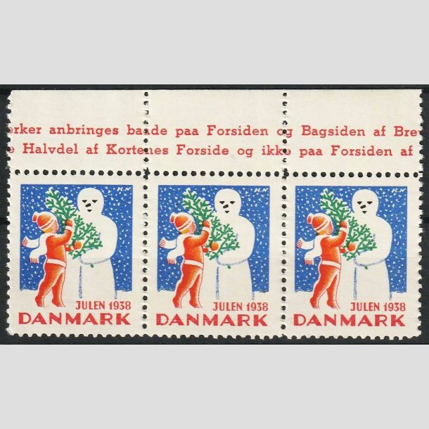 JULEMRKER DANMARK | 1938 - Dreng, juletr og snemand - i 3-stribe - Postfrisk