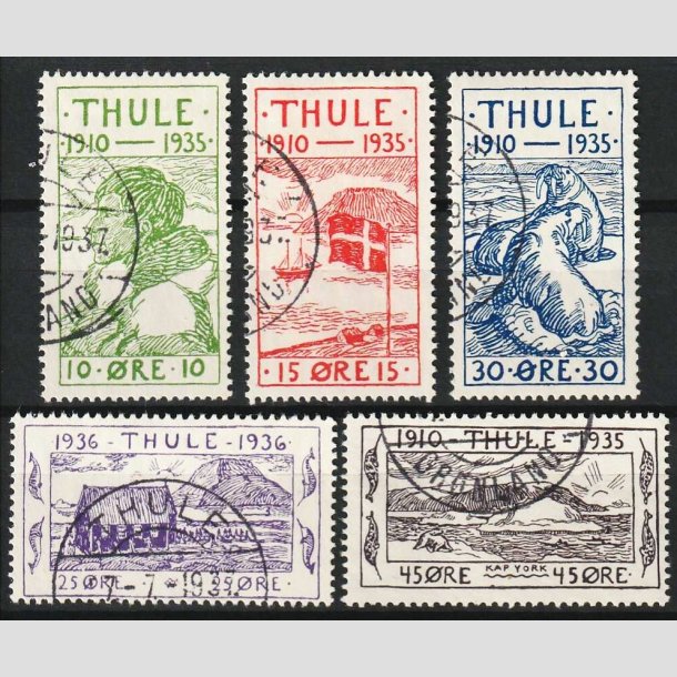 FRIMRKER GRNLAND | 1935-36 - AFA 1-5 - Thule - 10 - 45 re i komplet st - Stemplet