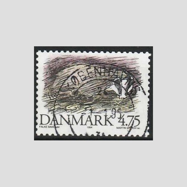 FRIMRKER DANMARK | 1994 - AFA 1077 - Truede danske dyr - 4,75 Kr. Grvling - Pnt Stemplet