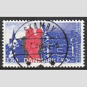 FRIM�RKER DANMARK | 1986 - AFA 860 - Venskabsbyer - 3,80 Kr. r�d/bl� - Lux Stemplet Skamby
