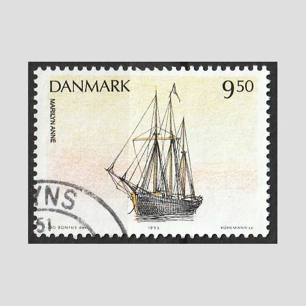 FRIMRKER DANMARK | 1993 - AFA 1048 - Sejlskibe - 9,50 Kr. flerfarvet - Pnt Stemplet