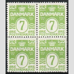 FRIMRKER DANMARK | 1926 - AFA 167 - 7 re lysgrn blgelinie i 4-blok - Postfrisk