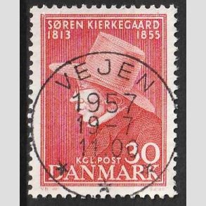 FRIM�RKER DANMARK | 1955 - AFA 365 - S�ren Kierkeghaard - 30 �re r�d - Pragt Stemplet Vejen