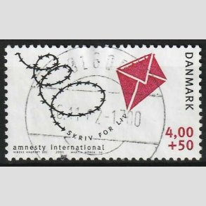 FRIMRKER DANMARK | 2001 - AFA 1275 - Amnesty International - 4,00 Kr. + 50 re - Pragt Stemplet