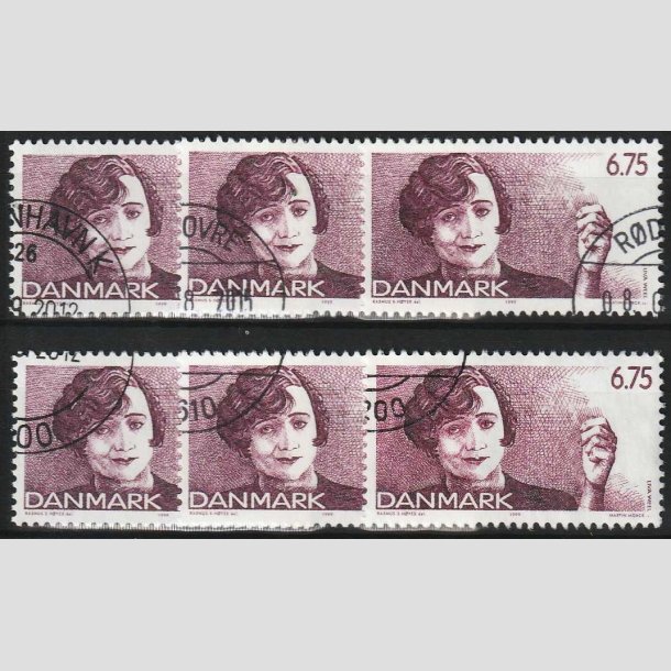 FRIM�RKER DANMARK | 1999 - AFA 1215 - Dansk revy - 6 stk. x 6,75 Kr. lilla - P�nt Stemplet 