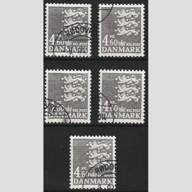 FRIM�RKER DANMARK | 1988 - AFA 899 - Rigsv�ben - 4,60 Kr. gr� x 5 stk. - P�nt Hj�rne Stemplet 