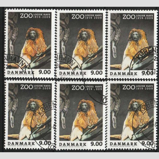 FRIM�RKER DANMARK | 2009 - AFA 1581 - Zoologisk Have - 9,00 Kr. x 6 stk. - P�nt Stemplet
