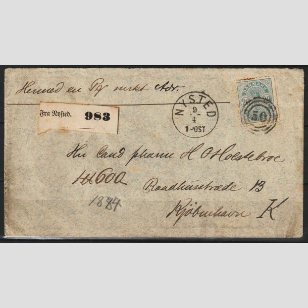 FRIM�RKER DANMARK | 1882 - AFA 33 - 20 �re bl� "Sm� hj�rnetal" p� brev - Stemplet (Rust)