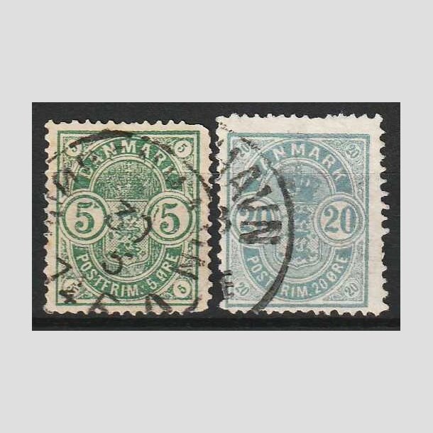 FRIM�RKER DANMARK | 1882 - AFA 32,33 - 5 �re gr�n og 20 �re bl� "Sm� hj�rnetal" - Stemplet