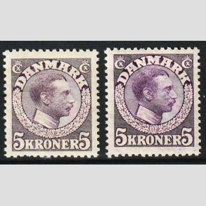 FRIM�RKER DANMARK | 1918-20 - AFA 110+110a - Chr. X 5 Kroner violet/r�dviolet - Ubrugt