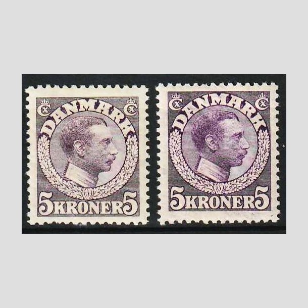 FRIM�RKER DANMARK | 1918-20 - AFA 110+110a - Chr. X 5 Kroner violet/r�dviolet - Ubrugt