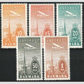 FRIM�RKER DANMARK | 1934 - AFA 216-220 - Ny Luftpost 10 �re til 1 Kr. i komplet s�t - Postfrisk