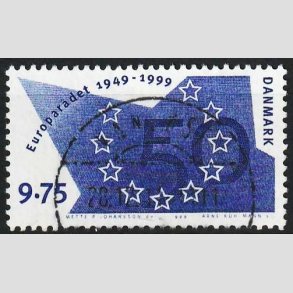 FRIM�RKER DANMARK | 1999 - AFA 1211 - Europar�det 50 �r - 9,75 Kr. bl� - Pragt Stemplet