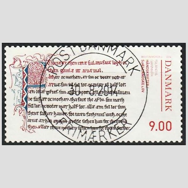 FRIM�RKER DANMARK | 2014 - AFA 1791 - H�ndskrifter - 9,00 Kr. Sj�llandske lov - Pragt Stemplet