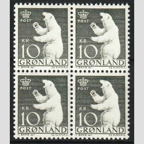 FRIM�RKER GR�NLAND | 1963 - AFA 61 - Polarbj�rn - 10 kr. gr�nsort i 4-blok - Postfrisk