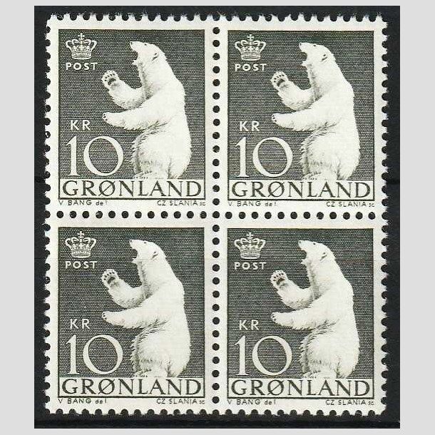 FRIM�RKER GR�NLAND | 1963 - AFA 61 - Polarbj�rn - 10 kr. gr�nsort i 4-blok - Postfrisk