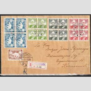 FRIM�RKER GR�NLAND | 1938/39 - AFA 1,3,5,6,7 - Christian X/Isbj�rn - Flot brev med 4-blokke - Stemplet