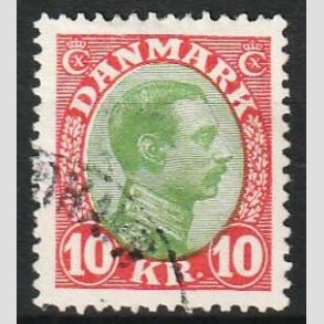 FRIM�RKER DANMARK | 1927-28 - AFA 177 - Chr. X 10 Kr. r�d/gr�n - Stemplet
