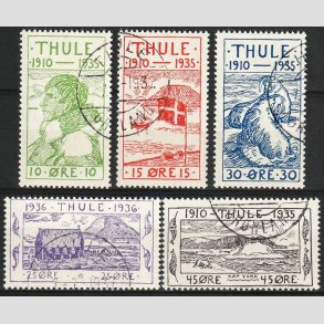 FRIM�RKER GR�NLAND | 1935-36 - AFA 1-5 - Thule - 10 - 45 �re i komplet s�t - P�nt Stemplet