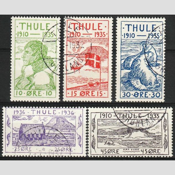 FRIM�RKER GR�NLAND | 1935-36 - AFA 1-5 - Thule - 10 - 45 �re i komplet s�t - P�nt Stemplet