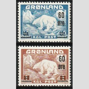 FRIM�RKER GR�NLAND | 1956 - AFA 37,38 - Provisorier - 60/40 �re + 60 �re/1 kr. - Ubrugt