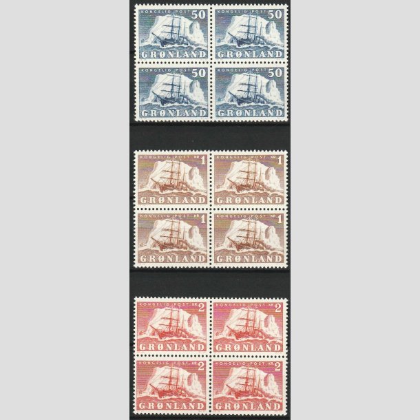 FRIM�RKER GR�NLAND | 1950 - AFA 33,34,35 - Gustav Holm - 50 �re - 2 kr. i 4-blokke - Postfrisk