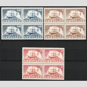 FRIM�RKER GR�NLAND | 1950 - AFA 33,34,35 - Gustav Holm - 50 �re - 2 kr. i 4-blokke - Postfrisk