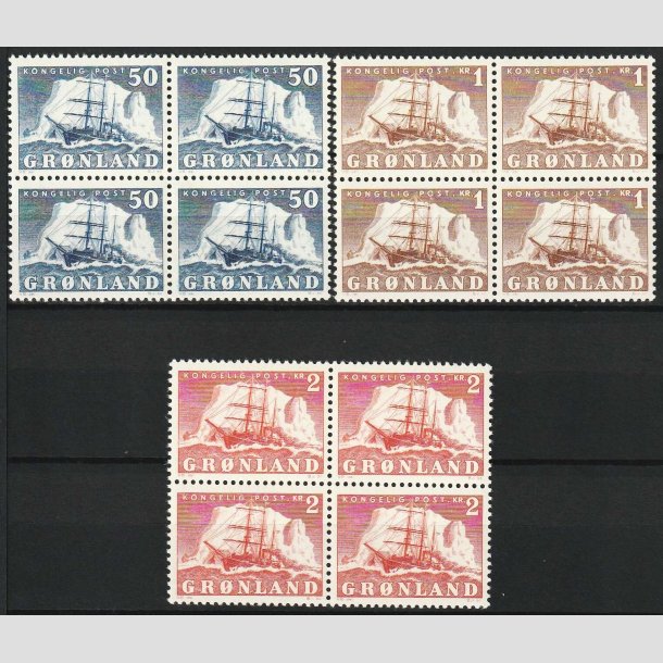 FRIM�RKER GR�NLAND | 1950 - AFA 33,34,35 - Gustav Holm - 50 �re - 2 kr. i 4-blokke - Postfrisk