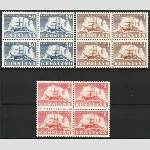FRIM�RKER GR�NLAND | 1950 - AFA 33,34,35 - Gustav Holm - 50 �re - 2 kr. i 4-blokke - Postfrisk