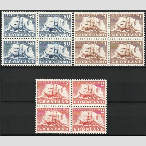 FRIM�RKER GR�NLAND | 1950 - AFA 33,34,35 - Gustav Holm - 50 �re - 2 kr. i 4-blokke - Postfrisk