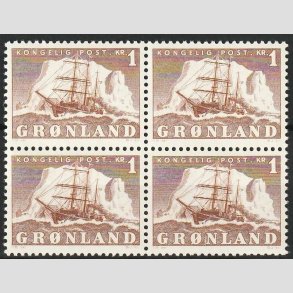 FRIM�RKER GR�NLAND | 1950 - AFA 34 - Gustav Holm - 1 kr. brun i 4-blok - Postfrisk
