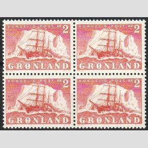 FRIM�RKER GR�NLAND | 1950 - AFA 35 - Gustav Holm - 2 kr. r�d i 4-blok - Postfrisk