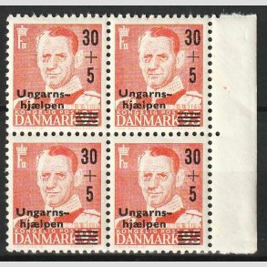 FRIM�RKER DANMARK | 1957 - AFA 369x - Ungarnshj�lpen - 30 + 5 �re VARIANT i 4-blok NV - Postfrisk