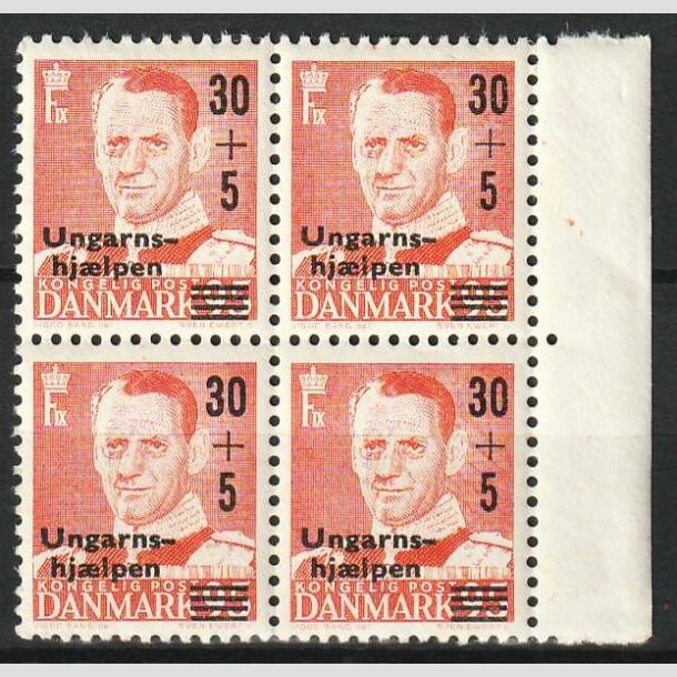 FRIM�RKER DANMARK | 1957 - AFA 369x - Ungarnshj�lpen - 30 + 5 �re VARIANT i 4-blok NV - Postfrisk