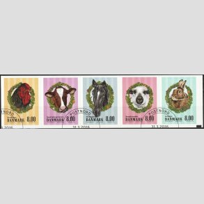 FRIM�RKER DANMARK | 2016 - AFA 1847-51 - G�rdens dyr - 8,00 Kr. i komplet 5-stribe - Pragt stemplet