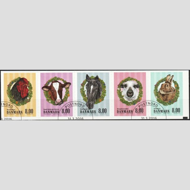 FRIM�RKER DANMARK | 2016 - AFA 1847-51 - G�rdens dyr - 8,00 Kr. i komplet 5-stribe - Pragt stemplet