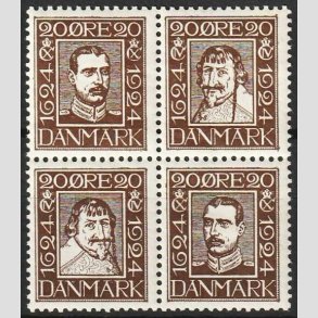 FRIM�RKER DANMARK | 1924 - AFA 140-143 - Postjubil�um 20 �re brun i 4-blok - Ubrugt (3 stk. postfriske)