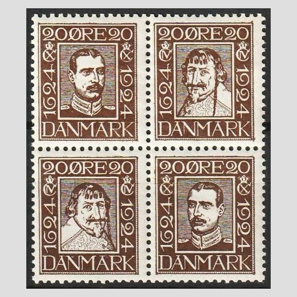 FRIM�RKER DANMARK | 1924 - AFA 140-143 - Postjubil�um 20 �re brun i 4-blok - Ubrugt (3 stk. postfriske)