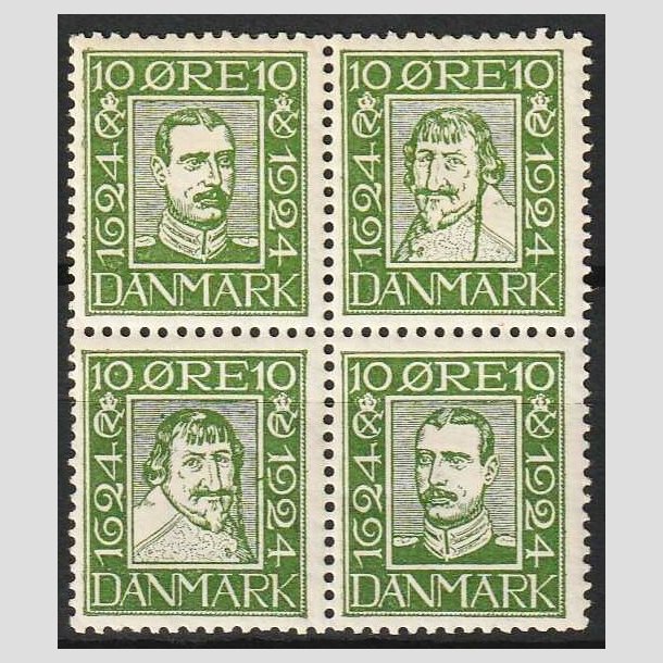 FRIM�RKER DANMARK | 1924 - AFA 132-135 - Postjubil�um 10 �re gr�n i 4-blok - Ubrugt (3 stk. postfriske)