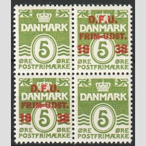 FRIM�RKER DANMARK | 1938 - AFA 245 - D.F.U i Fire-blok - Postfrisk