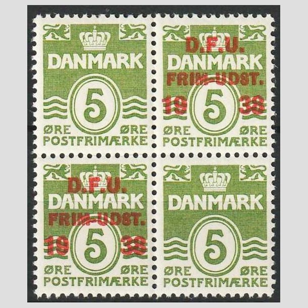 FRIM�RKER DANMARK | 1938 - AFA 245 - D.F.U i Fire-blok - Postfrisk