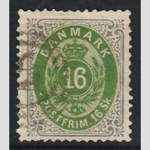 FRIM�RKER DANMARK | 1871-74 - AFA 20 - 16 Skilling gr�/gr�n - Stemplet 