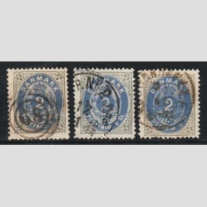 FRIM�RKER DANMARK | 1871-74 - AFA 16 - 2 Skilling gr�/bl� i 3 nuancer med sm� takfejl - Stemplet