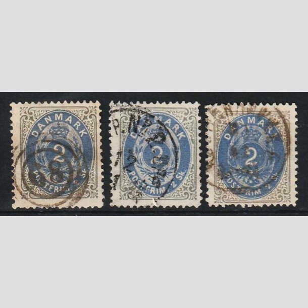 FRIM�RKER DANMARK | 1871-74 - AFA 16 - 2 Skilling gr�/bl� i 3 nuancer med sm� takfejl - Stemplet