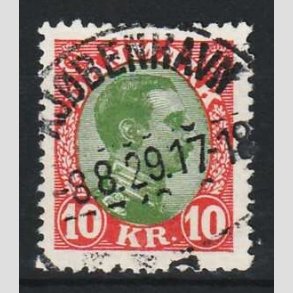 FRIM�RKER DANMARK | 1927-28 - AFA 177 - Chr. X 10 Kr. r�d/gr�n - Pragt Stemplet (Lidt kort tak N�)