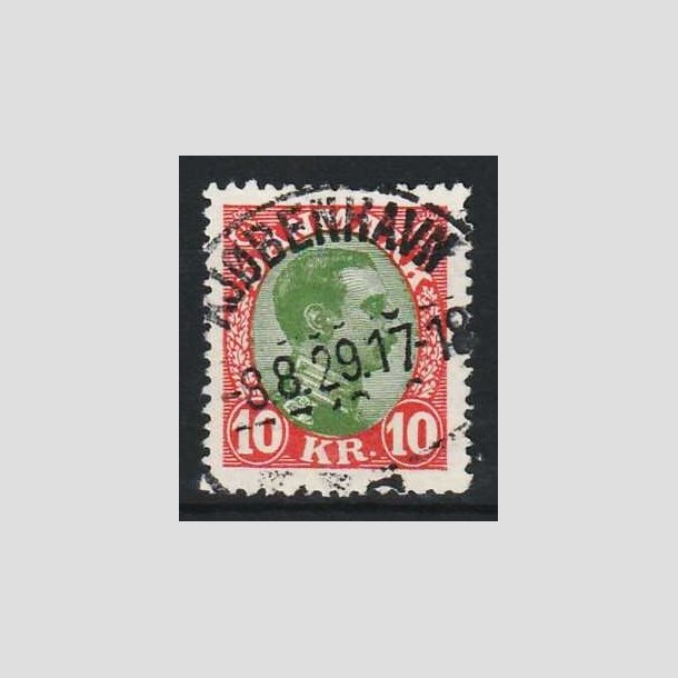 FRIM�RKER DANMARK | 1927-28 - AFA 177 - Chr. X 10 Kr. r�d/gr�n - Pragt Stemplet (Lidt kort tak N�)
